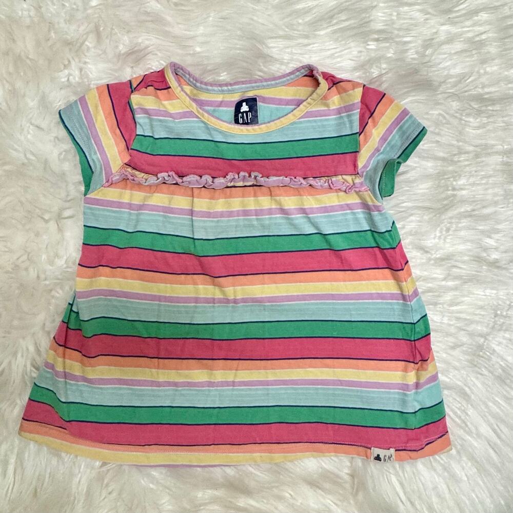 Gap Neon Stripe Summer Shirt Toddler Girls 3T Ruffle Detail 100% Organic Cotton